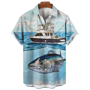 Нови мъжки ризи 3D животински печат дрехи мода бутон къс ръкав ревера улично облекло риза за мъже хавайски акула блуза тениска