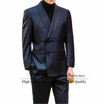 2023 Нова мода мъжки абитуриентски блейзъри Navy Blue младоженец сватба смокинги 2 броя комплекти мъже костюми тънък годни шал ревера Terno Masculino