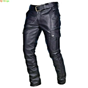 Стилен мъжки кожен мотоциклетен панталон с товарни джобове, черен, PU панталони без колан, мъжки панталони голям размер S-XL 2XL 3XL 4XL 5XL