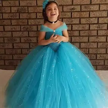 Бебе момичета блясък синя принцеса Tutu рокля деца плетене на една кука тюл рокля топка рокля с hairbow деца рожден ден парти рокли