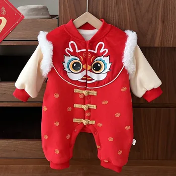 Китайска Нова година дрехи бебе момче дълъг ръкав гащеризон животински печат червен цвят руно сгъсти топла зима новородено момиче Onesies