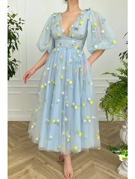 A-Line абитуриентски рокли Флорални сватбени гости глезена дължина половин ръкав V врата дантела без гръб с плисета официална вечерна рокля 2023