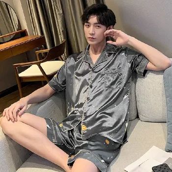 Спално облекло 90кг пижама копринен ръкав момче комплект мъже извънгабаритни домашни пижами свободно време лято ежедневни къси удобни облекла