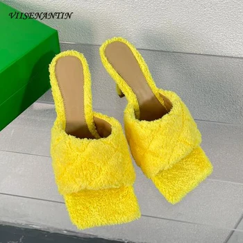 Увеличаване на височината Секси дами чехъл Сандал обувки отворени пръсти приплъзване на джапанки топло дълго плюшени плътен цвят жълт лилави мулета