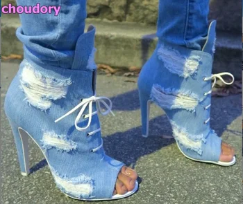 Жени луксозни небесно сини деними обувки на висок ток ретро стил скъсани дънки глезена сандал ботуши отворени пръсти дантела нагоре къси ботуши