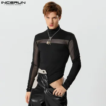 INCERUN 2023 Мъжки бодита Mesh пачуърк Поло Streetwear дълъг ръкав ританки мъже прозрачен секси мода боди S-5XL