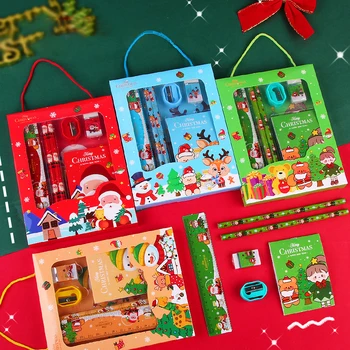 6Pcs / комплект Коледен канцеларски комплект Детски сладък карикатура Училищни пособия Подарък за рожден ден Детски ден Детски канцеларски подаръчни комплекти