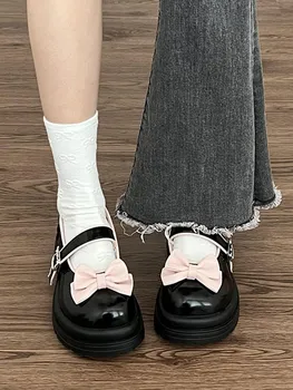 Kawaii Sweet Pink Bowknot Дамски японски обувки Pu Loli Jk Cute Lolita Uniform Shoes
