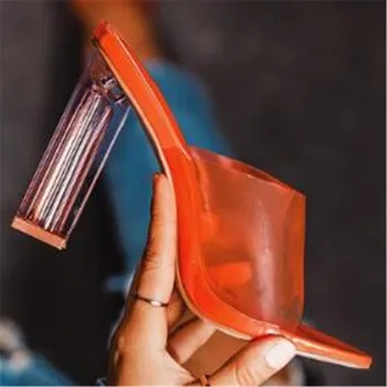 дамски сандали PU Slip On 11.5CM Дебел ток Високи токчета Кръгли пръсти Плитки дамски обувки sandalias mujer 2023 размер 35-42 оранжев