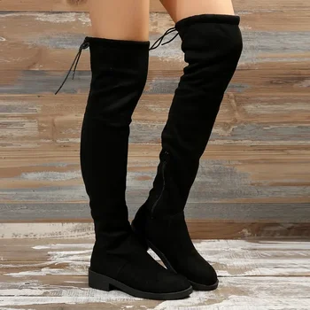 велур дамски ботуши 2023 класически кръгли пръсти черни дълги ботуши удобни дишащи модни дамски обувки Bota Camurca Cano Longo