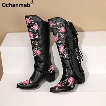 Ochanmeb Fringe каубойски коляното ботуши за жени заострени пръсти средни токчета бродерия флорални ботуши ретро женски обувки есен зима 43