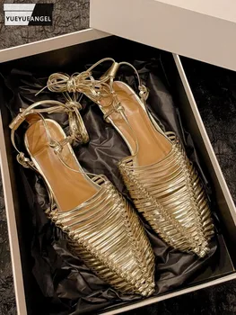 Лято жени реколта глезена каишка дантела нагоре тъкат гладиаторски сандали близо toe апартаменти обувки мода телешка естествена кожа сандали