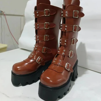 Дамска платформа буци обувки на ток 2023 зима плюс размер готически ботуши за жени мода дами средата теле ботуши Botas De Mujer