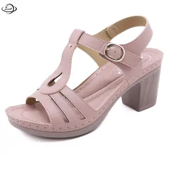 36-42 Дамски сандали летни женски 6-8 см квадратна пета платформа Pu кожени обувки плътен цвят плюс размер дамски обувки Hy52