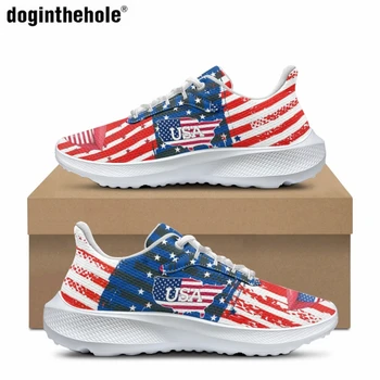 Doginthehole Дамски класически маратонки на открито Спортни обувки за бягане Американски флаг арт дизайн печат Мъжки обувки за обучение с дантела нагоре