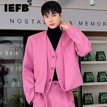IEFB Плътен цвят мъжки костюм якета случайни фалшиви две части джоб мъжки нетактичност корейски модни мъжки дрехи пролет нов 2024 9C4314