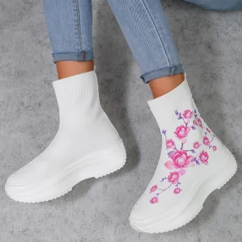 Летящи тъкачни обувки за жени на открито Отпечатани дишащи платформени ботуши Botas De Mujer Нови чорапени ботуши Mid-Calf