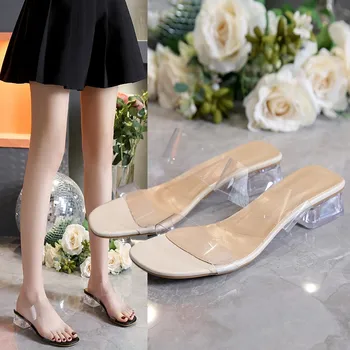 Прозрачни сандали Женски 2023 Нова лятна мода навън, за да носите чехли Високи токчета Burst Фея вятър сандали женски