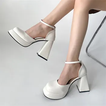 Елегантни обувки на високи токчета женски 2023 Секси глезена презрамки черно бяло жените токчета платформа парти обувки рокля помпи Дами