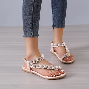 гореща продажба жени сандали мода жени летни обувки случайни удобни малко цвете плоски обувки плътен цвят обратно закъсал обувки