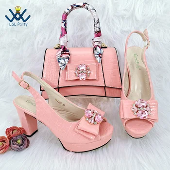 2024 Най-новите класически сандали стил с платформа елегантни италиански дамски обувки съвпадение чанта комплект в розов цвят за сватбено тържество