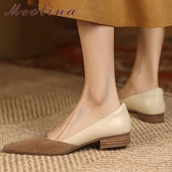 Meotina дамски обувки естествена кожа детски велур помпи дебели ниски токчета квадратни пръсти дамски обувки пролет есен бежов крава кожа