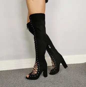 Drop Ship Woman Black Cuts Out Lace Up Front Thigh Boots Fashion Woman Peep Toe Gladiator Chunky Heels Over The Knee Boots Shoes