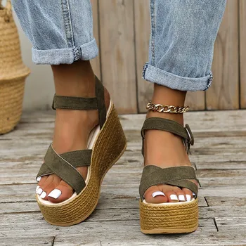 NewFashion клин сандали за жени лято случайни нехлъзгащи Peep Toe платформа обувки каучук едноличен ключалката елегантни токчета