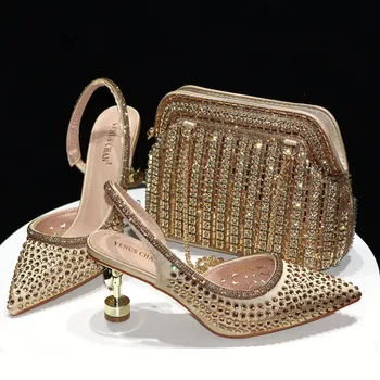Елегантни диаманти и кристали Висококачествени прашки сандали обувки съвпадение HandalBag комплект за нигерийски парти жени
