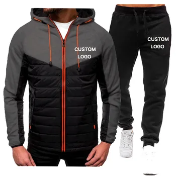 Персонализирано лого 2 части Мъжко яке анцуг Zip Hoodie+Joggers панталони Спортно облекло на открито Sweatsuit с качулка Зимен топъл комплект