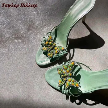 Ретро Мери Джейн обувки Дамски летни нови пеперуди декорирани отворени пръсти стилет високи токчета плитка уста мода сандали чехли