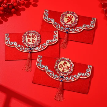 Традиционен пискюл червен плик 2024 Китайска Нова година Червен джоб късмет пари подарък чанта за рожден ден