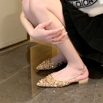 Летни сандали жени 2023 Модни пайети заострени пръсти високи токчета елегантни дамски обувки затворени пръсти нисък ток рокля обувки плоски сандали