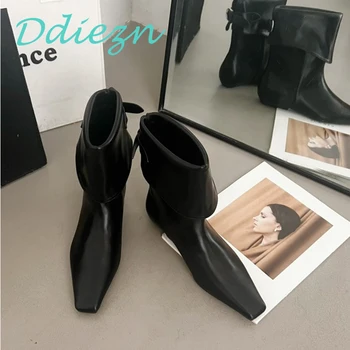 Черни жени глезена ботуши апартаменти обувки модерни заострени пръсти приплъзване женски обувки мода обърна над ръба дамски ботуши обувки
