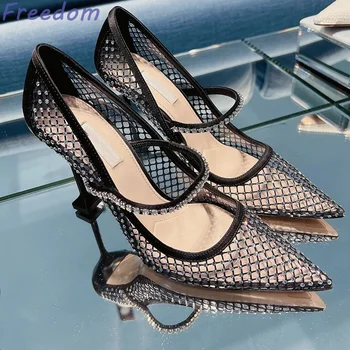 висококачествена версия нов заострен пръст rhinestone рибарска мрежа високи токчета дамски подиум кристал катарама приплъзване сандали за жени