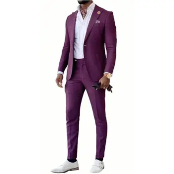 Purple Men Suits Blazer Сватба Официален повод Еднореден връх Ревера Кльощава 2 части яке панталони тънък костюм 2023