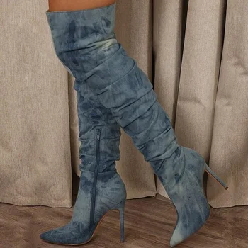 Измийте синьо деним плисирани жени бедрото високи ботуши заострени пръсти цип дънки тънки токчета зимата високи ботуши модни обувки