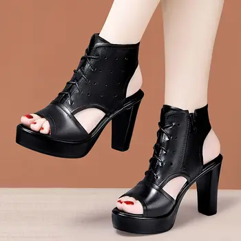 малък размер 32-43 Секси сандали от естествена кожа Дамски обувки на платформа Лято 2023 Черен блок високи токчета гладиаторски сандали Офис