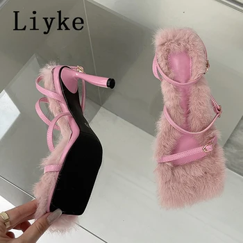 Liyke Размер 35-40 Лятна парти рокля Розови сандали Жени 2024 Мода кожа перо тънки високи токчета квадратни пръсти ключалката каишка обувки
