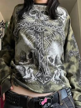 Дамски дълъг ръкав Grung пуловер суитчър ретро графика естетика Топ Crewneck Hurukuju блуза улично облекло