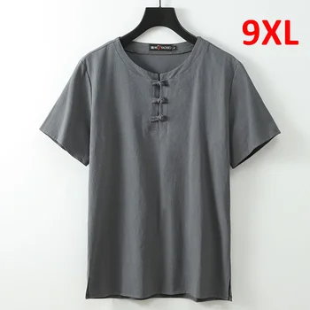 Лятна ленена тениска Мъже плътен цвят тениска мода случайни тениски върхове мъжки китайски стил бутони T ризи плюс размер 8XL 9XL